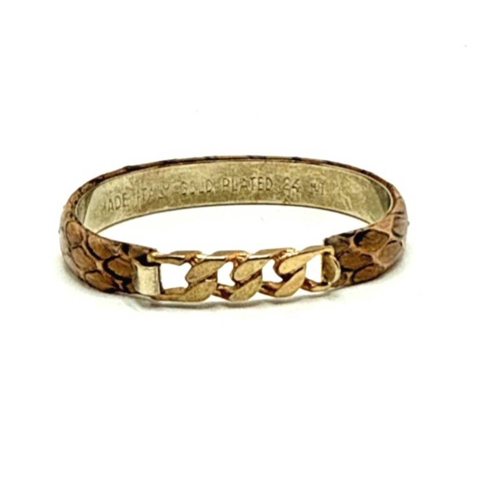 Vintage Brown Snakeskin Bangle Bracelet Gold Plated 24 Kt Made in Italy 7"